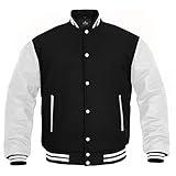 GENZ FASHION Women Varsity Jacket Genuine Leather Sleeve and Wool Blend Letterman Ladies Girls College Varsity Jackets (Black/White, Small)