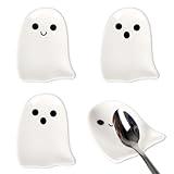 Whaline 4Pcs 2.8inch Mini Ceramic Spoon Rests White Ghost Small Coffee Spoon Holder for Halloween Coffee Stirrers Teaspoon Bar Spoon Coffee Station Bar Accessories