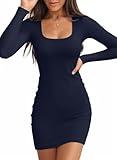 Valiamcep Women's Fall Dress Square Neck Long Sleeve Basic Ribbed Knit Slim Fitted Casual Bodycon Mini Pencil Dresses Going Out Navy Blue S