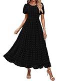 BTFBM Women Summer Boho Maxi Dress Casual Short Sleeve Swiss Dot A Line Ruffle Tiered Flowy Long Dresses with Pocket(Swiss Dot Black, Small)