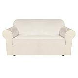 H.VERSAILTEX Stretch Velvet Loveseat Covers for 2 Cushion Couch Covers for Living Room Sofa Covers Slipcovers with Non Slip Straps Bottom, Ultra Thick Comfy Velour (Width 58"-72", Ivory)