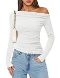 ZESICA Womens Off Shoulder Long Sleeve Tops Fall Casual Boat Neck Ruched Slim Fit Going Out Y2k Shirts Blouses,White,Small