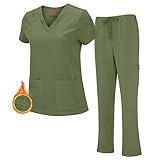 M&M SCRUBS Women's Breathable Cool Stretch Fabric Scrub Top and cargo Pant Set (Olive, Medium)