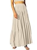 ANRABESS Women’s Boho Elastic High Waist Pleated A-Line Flowy Swing Asymmetric Tiered Maxi Long Skirt Dress with Pockets Apricort Large