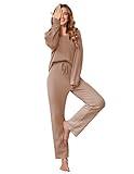 Ekouaer Women's Waffle Knit Pajama Sets Comfy Long Sleeve Lounge Sets 2 Piece Matching Pj Sets with Pockets Khaki Large