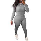 HBQ Women Two Piece Outfits Workout Sets Ribbed Casual Jogging Suits Long Sleeve Tracksuits-L-Grey