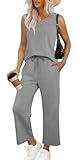 WIHOLL Lounge Sets for Women Airport Outfits V Neck Tops Matching Sets Wide Leg Crop Pants Loungewear Set Grey L