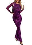 PRETTYGARDEN Women's Bodycon Maxi Dress Fall Fashion Long Sleeve Floral Print Tight Fitted Party Club Ruched Dresses (Print Purple,Large)