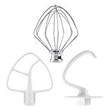 3-Piece Kit Attachments for KitchenAid Tilt-Head Stand Mixer, Accessories Stainless Steel K45WW Wire Whip, K45DH Dough Hook and K45B Coated Flat Blade Paddle with Scraper