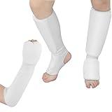 Cozypower 2 Pairs Shin Instep Guard and Fist Forearm Guards White Foot Protective Gear Protector Hand Padded Arm Sleeves for Sparring Martial Arts Taekwondo MMA Kickboxing Muay Thai (Small)