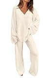 PRETTYGARDEN Women's 2 Piece Pullover Sweater Set Oversized V Neck Top Wide Leg Pants Fall Winter Fuzzy Lounge Outfit (Beige,Small)