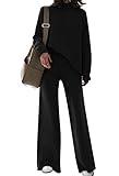 AOHITE Womens 2 Piece Outfit Set Long Sleeve Knit Pullover Sweater Top and Wide Leg Pants Sweatsuit Black Medium