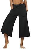 icyzone Culottes Capri Pants for Women - Elastic Waist Wide Leg Joggers Casual Lounge Cotton Sweatpants with Pockets (L, Black)