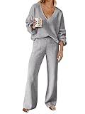 MEROKEETY Womens Loose Fall Pajama Set Long Sleeve Pullover Sweater and Pants Loungewear with Pocekts,LightGrey,L