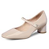 MUCCCUTE Mary Jane Shoes Women Chunky Block Heels Pumps Closed Toe Comfortable Patent Leather Work Dress Shoes Nude Size 9.5