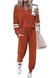 PRETTYGARDEN Women's 2 Piece Outfits Fall Fashion 2024 Striped 1/4 Zip Pullover Tops Long Sweatpants Tracksuit Sets (Brick Red,Large)