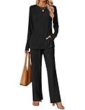 HAEOF Womens 2 Piece Fall Casual Outfits Long Sleeve Tunic Tops Wide Leg Pants Matching Lounge Set Comfy Pajamas(Black, L)