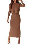 PRETTYGARDEN Women's Fall 2 Piece Sweater Set Rib Knit Long Sleeve Crop Top Maxi Bodycon Skirt Casual Winter Outfits (Brown,Small)