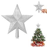 Soqool Mini Christmas Tree Topper - 10'' Silver Small Glittered Star Hallow Tree Topper for Mas Tree Decorations/Holiday Party Home Indoor/Bar Shop Office