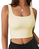 AURUZA Crop Tank Tops for Women, Seamless Workout Tank Tops Woman, U Neck Ribbed Sleeveless Exercise Gym Yoga Crop Tops, M, Beige