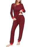 Ekouaer Womens Pajamas Sets Long Sleeve Tops with Jogger Pants Soft Pjs Lounge Set Outfits with Pockets Red Plaid M