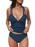 CUPSHE Women's Tankini Set V Neck Crisscross Adjustable Straps Cutout Two Piece Swimsuit Mid Rise Ruched, XL Navy Blue