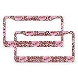 2Pcs Cute Pink Lips2 Hole License Plate Frames Animal Skin Pattern Car License Plate Cover Universal Aluminum Frame for Front and Rear Car Tags Accessories for US Vehicle Standard