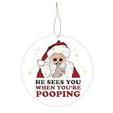 Funny Christmas Ornaments, He Sees You When You're Pooping Ornament, Novelty Ceramic Holiday Tree Ornaments, Cute Christmas Party Decor, Xmas White Elephant Gifts for Friends Colleagues Family