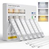 Rihvy Under Cabinet Lighting 4 Inches Rechargeable Motion Sensor Light Indoor, 3 Color Dimmable Closet Light Battery Operated, USB Stick on LED Magnetic Under Counter Lights for Kitchen Stair, 6 Packs