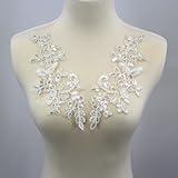 SUNMOVE Pair of Embroidery Sequin Lace Applique Sewing Flower Fabric Collar Patch Motif Wedding Gown Dress Bridal DIY Crafts （White）