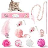 MALLMALL6 10Pcs Cat Toy Set Interactive Cat Toys Pack Including Feather Teaser Wand Cat Springs Mice Crinkle Balls and Pet Bell Balls, Puzzle Toys for Indoor Cats Gift (Pink)