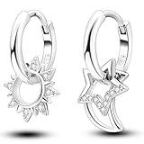 CZ Celestial Earrings Dangle Small Hoop Huggie for Women Sterling Silver with Charms Crystal Asymmetrical Sun Moon Star Drop Cartilage Dainty Jewelry
