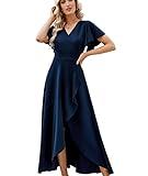 ZZV Formal Dresses for Women Gowns Evening Party Cocktail Dress, Long Split Elegant V Neck Wrap Ruffle Wedding Guest Dresses Navyblue-L