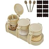 JIMMEAL Clear Glass Condiment Spice Jars With Label,Wall Mount Sealing Honey Pot,8.8oz Seasoning Box With Lids,Spoons,Tray And Honey Stick,Wide Mouth Easy To Clean And Refill (WHITE)