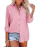 Gleeivy Womens White Button Down Shirt Stretch Long Sleeve Solid Cotton Shirt Ladies Dressy Casual Outfits Work Button Down Blouse Fall Clothes 2024 Summer Autumn Pink L