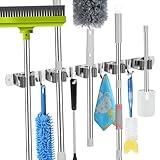 voze 5 Racks and 4 Hooks Mop and Broom Holder Wall Mount, Self Adhesive Heavy Duty Broom Hanger Organizer Storage Tool Racks for Kitchen Garden Laundry Garage