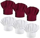 LilMents 6 Pack Chef Hat Set Elastic Baker Kitchen Catering Cooking Chefs Hats (White and Wine Red)