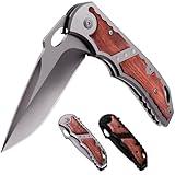 Grand Way Spring Assisted Knife - 5Cr15MoV Sharp Blade - Pocket Knife with Wood Handle - Tactical Folding Knives - Best for EDC Camping Survival - Birthday Gifts for Dad Men 97010