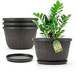 Quarut 10 inch Plastic Flower Pots for Outdoor Plants，4 Pack Large Outdoor Planter Pot with Drainage Holes & Saucers，Imitation Wine Barrel Design，for Indoor Outdoor Garden Plants（Brown）