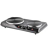 OVENTE Electric Countertop Double Burner, 1700W Cooktop with 7.25" and 6.10" Cast Iron Hot Plates, Temperature Control, Portable Cooking Stove and Easy to Clean Stainless Steel Base, Black BGS102B