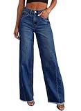 Sidefeel Women's High Waisted Mom Jeans Strechy Raw Hem Straight Leg Denim Pants Size 8 Deep Blue