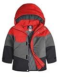 GEMYSE Boys Winter Coat Waterproof Windproof Boys Ski Jacket with Hood Kids Insulated Quilted Outerwear(Oriental Red & Grey Black,10/12)