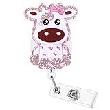 Funny Pediatric Badge Reel, Cute Pink Cow Retractable ID Card Badge Holder, Name Tag Work Badge Clip for RN LPN CNA MA ER Night Shift Nurse Nursing Student Doctor Teacher, Nurse Gifts, Teacher Gifts