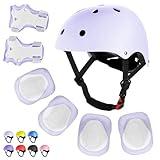 WayEee Kids Bike Helmet Set Skateboard Knee Pads, 7PCS Protective Gear Adjustable for Girls Boys 3-10 Age Elbow Pads Wrist Guards for Outdoor Sports Cycling Bike Roller Skating Scooter, Youth, Macaron