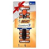 BIC Comfort 3 Refillable Three-Blade Disposable Razor for Men, Sensitive Skin Razor For a Comfortable Shave, 1 Handle and 6 Cartridges, 7 Piece Razor Set