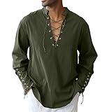 Men's Cotton Linen Shirt Drawstring Arm Banded Tops Medieval Viking Pirate Renaissance Halloween Costume Army Green 3XL
