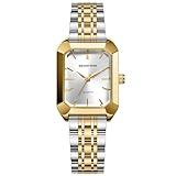GOLDEN HOUR Women's Rectangular Quartz Watch, Two Tone Stainless Steel Band, Silver Dial