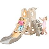 KATLAZIC Freestanding Toddler Slide, 5 in 1 Kids Indoor Slide for Toddlers 1-3，L Shaped Slide with Basketball Hoop，Baby Slide for Indoor Outdoor for Boys and Girls Birthday, Sturdy Playground Toy