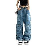 Women's Baggy Cargo Pants Y2K Clothing Multi-Pocket Relaxed Fit Jeans Fairy Grunge Clothes Alt Emo Streetwear (Blue Jeans,S)