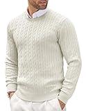 COOFANDY Men's Crewneck Knit Sweater Slim Fit Lightweight Casual Twist Patterned Cable Knitted Pullover A-White